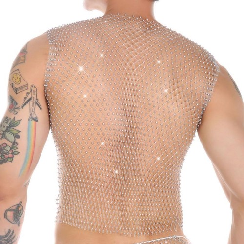 Camiseta sin mangas de malla sexy con brillo transparente para hombre - Imagen 21 de 30