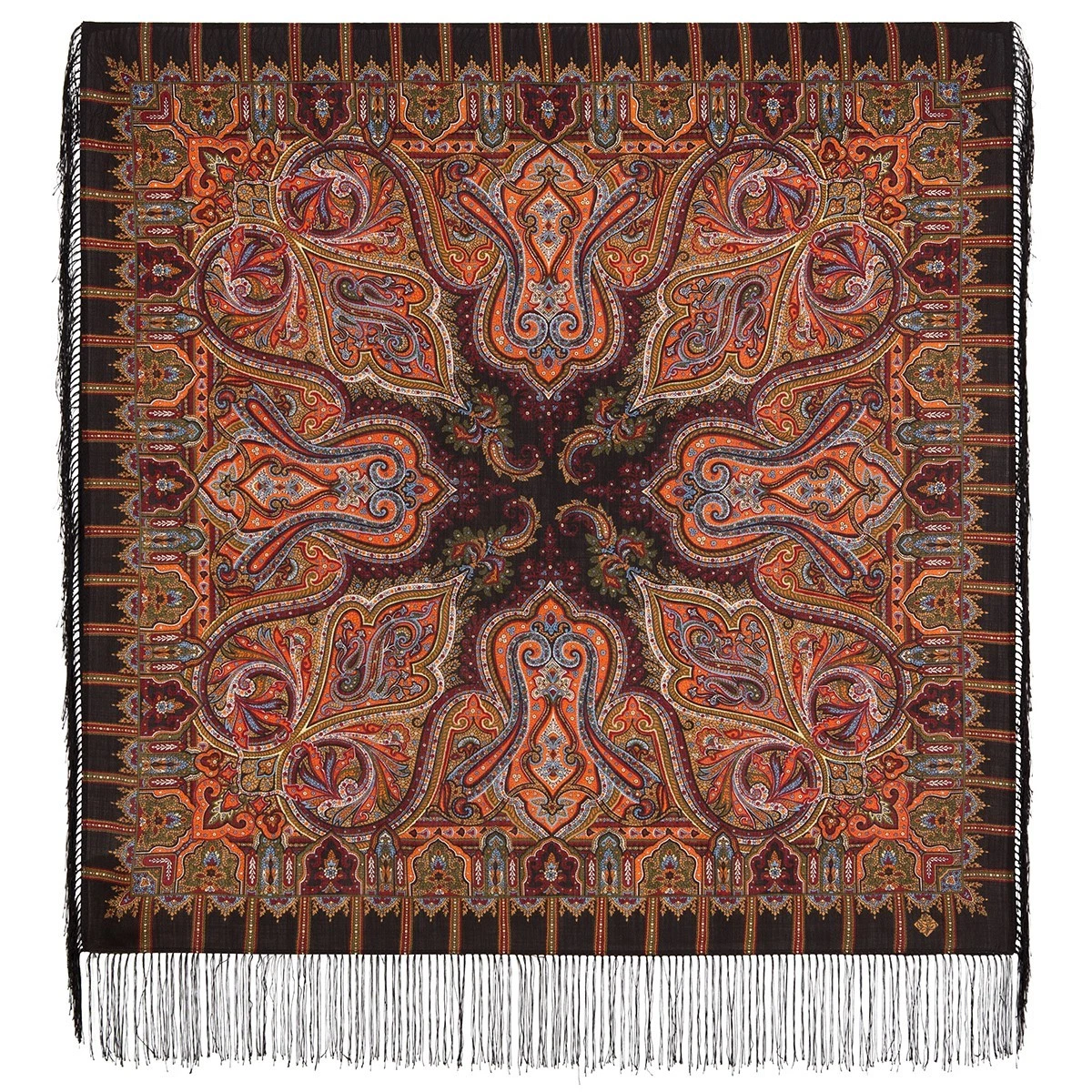 Pavlovo Posad Wool scarf with silk fringe "Saffron", 89x89 cm