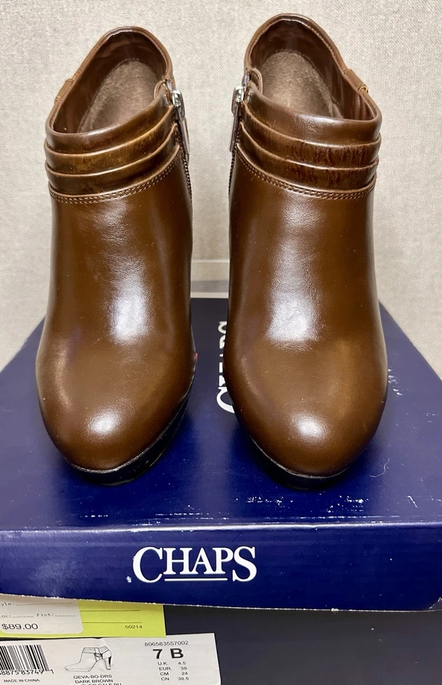 CHAPS Geva Brown Side Zip Low Ankle Booties 3.5" Heel Worn Once In Original Box - Image 4 of 4