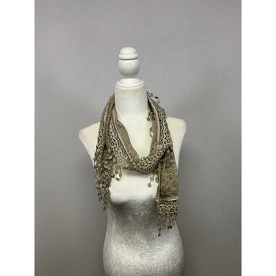 Boho Cottagecore Women OS Taupe Crochet Lace Tassel Fringe Scarf