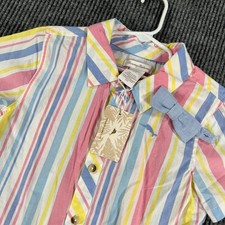 Tommy Bahama Shirt Boys Size 7 Blue Striped Short Sleeve Button Up Bow Tie New