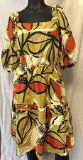 Mlle Gabrielle Sundress Womens Size XL Red Gold Dress Tropical Smocked Ballon