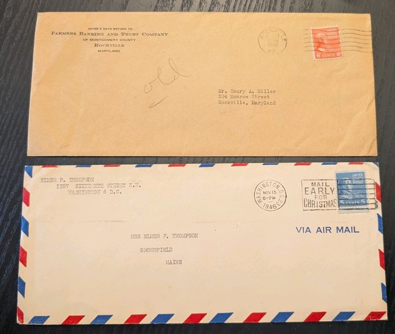 ++ 2 USA 1946 COVER Rockville Maryland Washington DC Farmers Banking Envelope