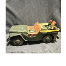 Vintage Tin Military Jeep Toy with Soldier Figures Green Red Checkered Seats