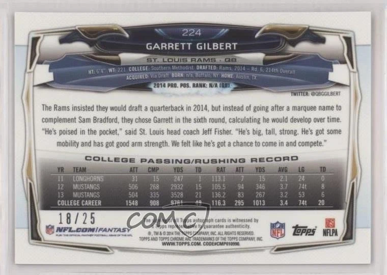 2014 Topps Chrome Black Refractor Rookie Auto /25 Garrett Gilbert #224 Auto RC - Image 2 of 2