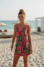 Farm Rio Inspired Anthropologie Tropical Palm Mini Wrap Dress Green Pink Floral