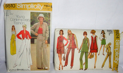 2 Simplicity Patterns ~ 1970 s Womens 12 ~ Bell Bottoms 5510 ~ Pantsuit + 8924