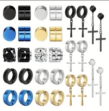 15 Pairs Magnetic & Clip On Earrings Set Stainless Steel CZ Cross Hoops