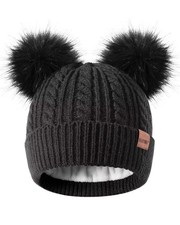 Kids Toddler Winter Hat Girls Beanie Double Pom Pom Fleece Lined Black