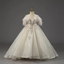 Shining Pearls Flower Prom Dresses Lace Beaded Sequins Sweep Train Evening Gowns