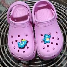 Crocs Girls Pink Slip On Clog Cartoon Bear Round Toe Flat Heel Synthetic Size 1