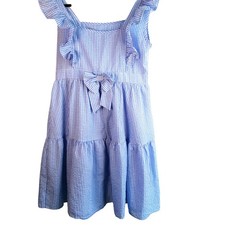 Blue White Gingham Ruffle Bow Midi Dress Cott...