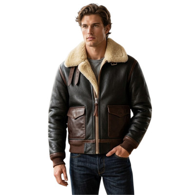 B3 Men's Flight Pilot RAF Aviator Real Shearling Sheepskin Leather Bomber Jacket