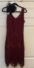 Babeyond Embroidered Flapper Dress Fringe Burgundy Gatsby Cocktail Size Small