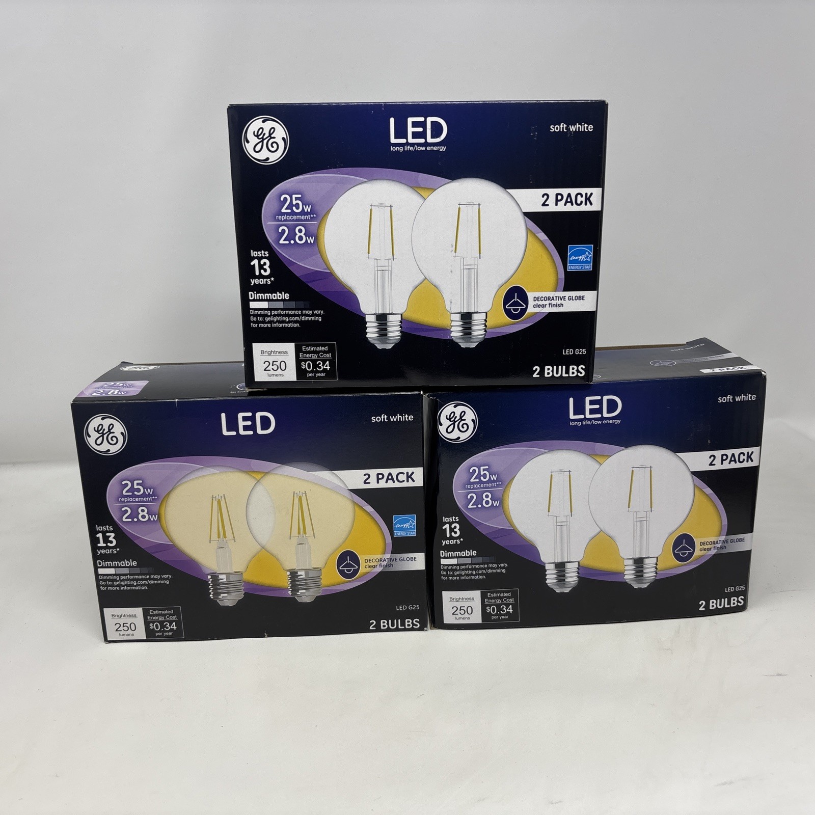Lot Of 3-2 Pack Ge Lighting  Decorative Globe LED Light Bulbs, Soft White, Clear