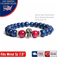 Mens Red Blue Wood Skull Bracelet 8mm 7.5" Wooden Bead Biker Goth Rocker Jewelry