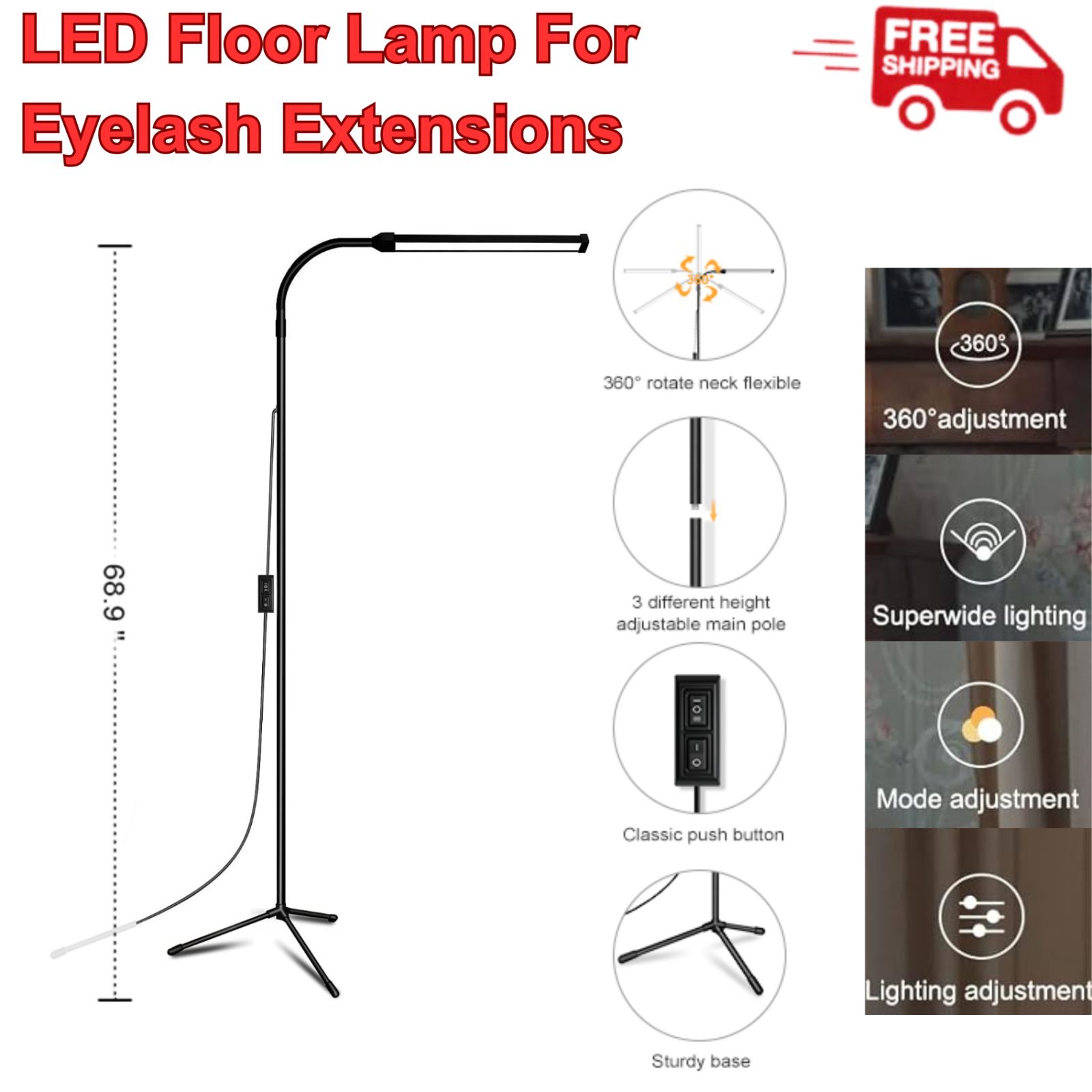 Dimmable Adjustable LED Floor Lamp for Eyelash Extensions and Tasks