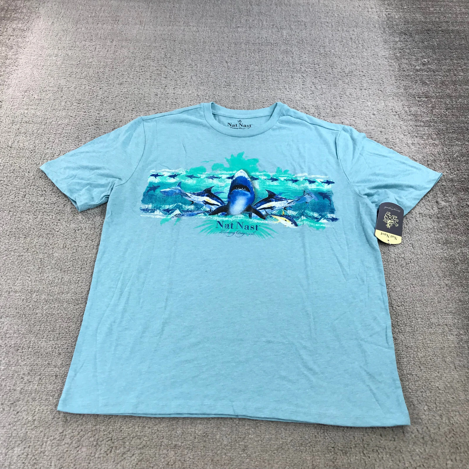 Nat Nast Shirt Mens Medium Crew Neck Good Times Hawaiian Camp Reel It In FIsh