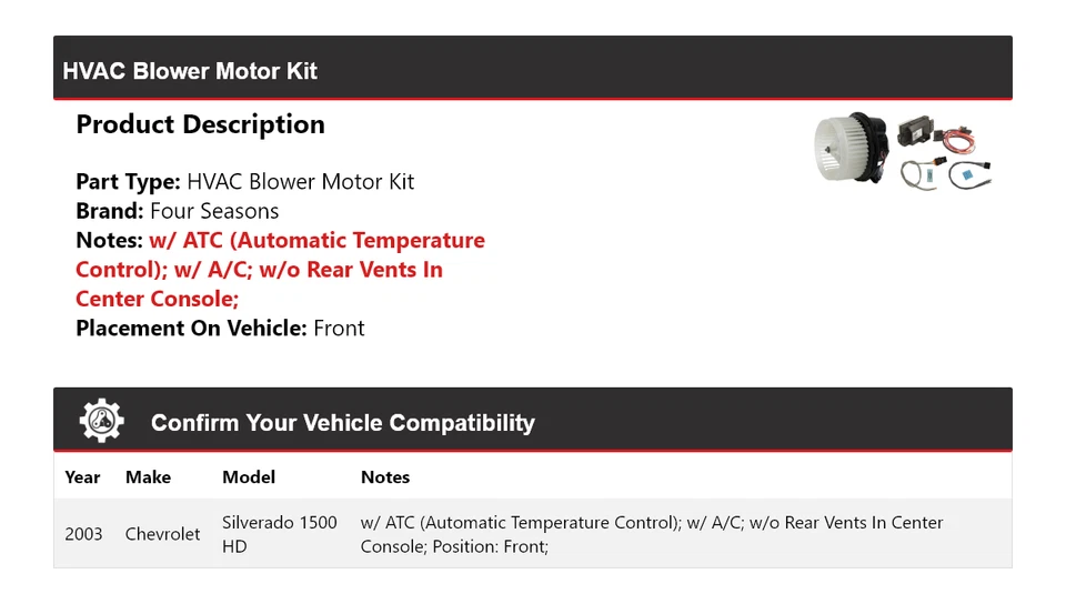 Kit de motor soplador delantero 4 estaciones para Chevrolet Silverado 1500 HD 2003 HVAC Foto 2 de 3