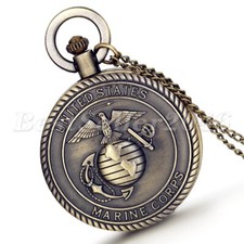 Bronze United States Marine Case Pocket Watch Quartz Analog Chain Necklace Retro