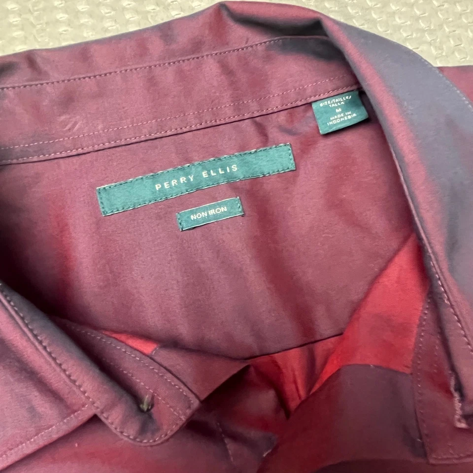 Camisa masculina Perry Ellis borgonha manga longa botão para baixo vestido sem ferro - Imagem 2 de 4