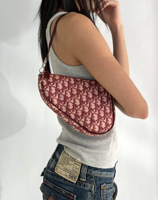 Rare 2000s Vintage Christian Dior Burgundy Trotter Monogram Mini Saddle Bag Y2K