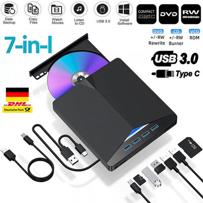 USB 3.0 Externes CD/DVD Laufwerk Brenner Player 7 in 1 mit Type C für Laptop PC