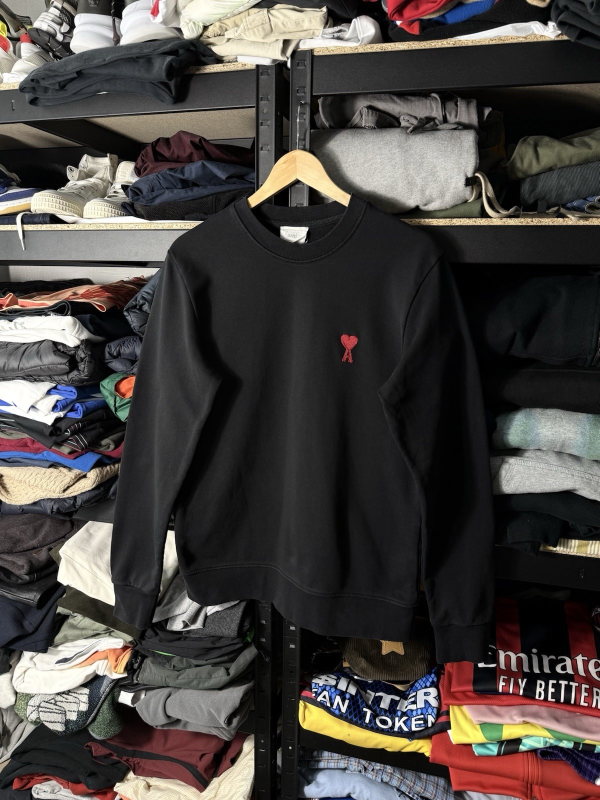 AMI Paris Sweatshirt Mens M Black Red Heart Logo Crewneck Pullover