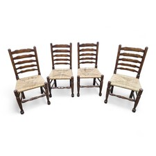 Set of 4 Farmhouse Dining Chairs Ladder Back Rush Seats Rustic Country Style