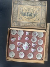 Antique GERMANY Miniature Child’s Toy Doll Play Porcelain Tea Set w ORIGINAL BOX