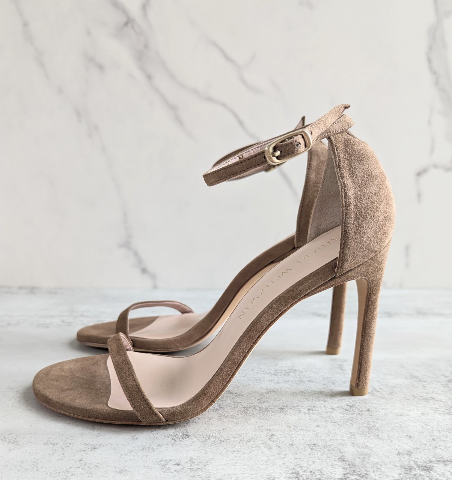 Stuart Weitzman Nudistsong Suede Shoes Size 6.5 Ankle Strap Open Toe Heel