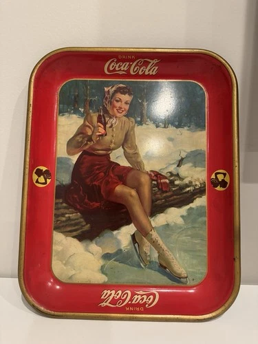 Antique Coca-Cola Serving Tray Ice Skating Girl 1941 Vintage Metal Coke Snow