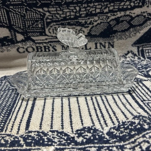 Vintage Anchor Hocking Wexford Butter Dish w/ Lid Clear Pressed Glass Butterfly