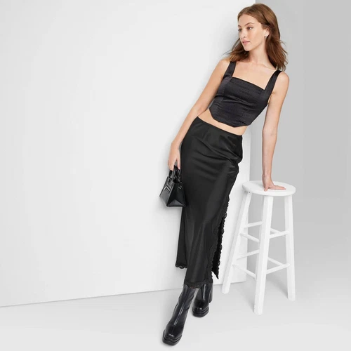 Black Satin Lace Trim Midi Skirt for Women - Size S by Wild Fable - Picture 4 of 6