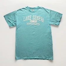 Vintage Comfort Colors Lake Geneva Wisconsin Shirt Blue Outdoors Souvenir Medium
