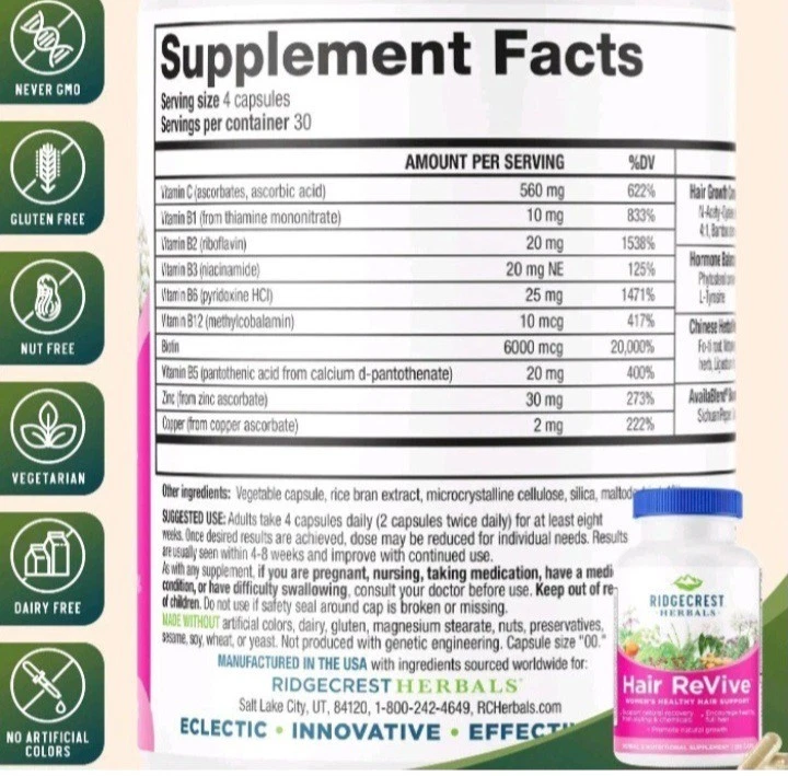 RidgeCrest Herbals Hair Revive, 120 Cápsulas Selladas EXP 06/2026 Foto 2 de 3