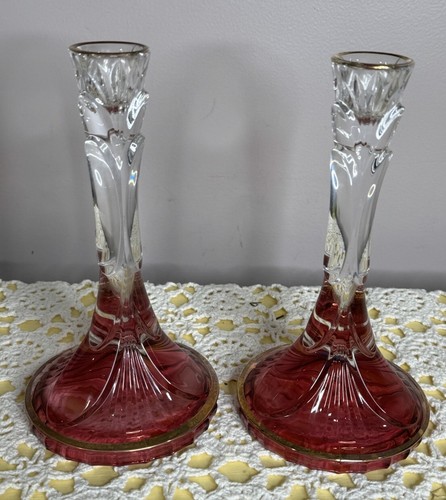 (2) Vtg SC Line 24% Lead Crystal Red 24K Italy Candle Holder Candlestick Set