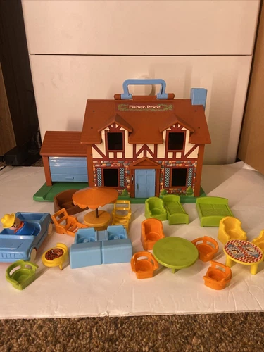 Vintage 1969 Fisher Price Play Family Brown Tudor House 952 20 Accessories