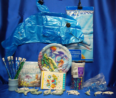 Dolphin Party # 9 Tablecover Napkin Plates Pencil Topper Dolphin Figures Invites