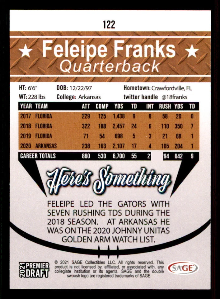 2021 SAGE HIT Silver #122 Feleipe Franks - Image 2 of 2