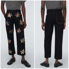 New Bode Flower Sequined Pinwheel Pants Trousers Black Floral Designer Sz 28