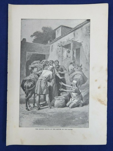 Orig. Antigua impresión de grabado cristiana de 1905 de 5,75x8: dinero encontrado en sacos José - Imagen 2 de 3