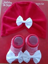 Holiday Style Hat  Socks Set Infant Girls Red/White W/Bows NEW