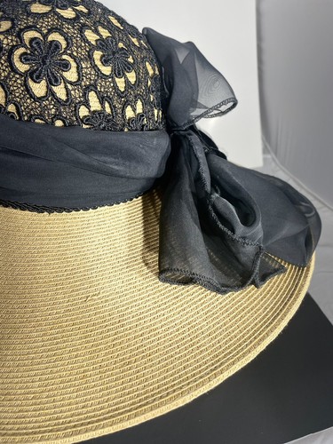 Ladies Vintage hat finely woven straw lace Covered crown chiffon bow And Rose - Picture 4 of 9