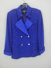 Vintage Eva Polini Blazer Womens 10 Blue Rhinestone Studded Double Breasted