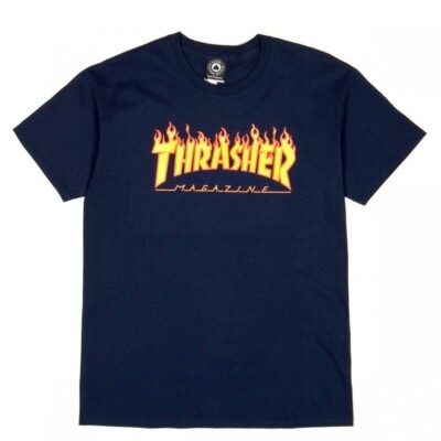 Thrasher T-Shirt Flame Navy Blue Marineblau Skateboard Flamme Tee Magazine Gr. S