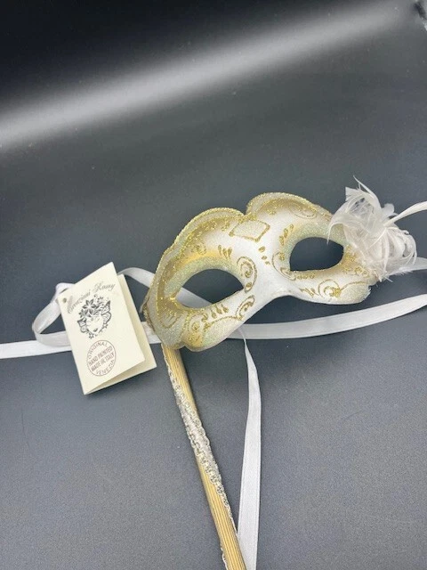 White, Gold & Green Handle Masquerade Mask - Image 4 of 4