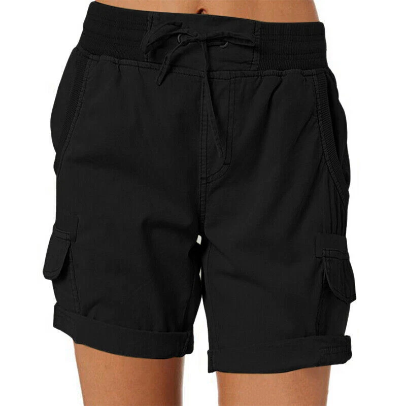 Plus Size Women's Elastic Waist Drawstring Hot Pants Ladies Solid Cargo Shorts - Image 4 of 4