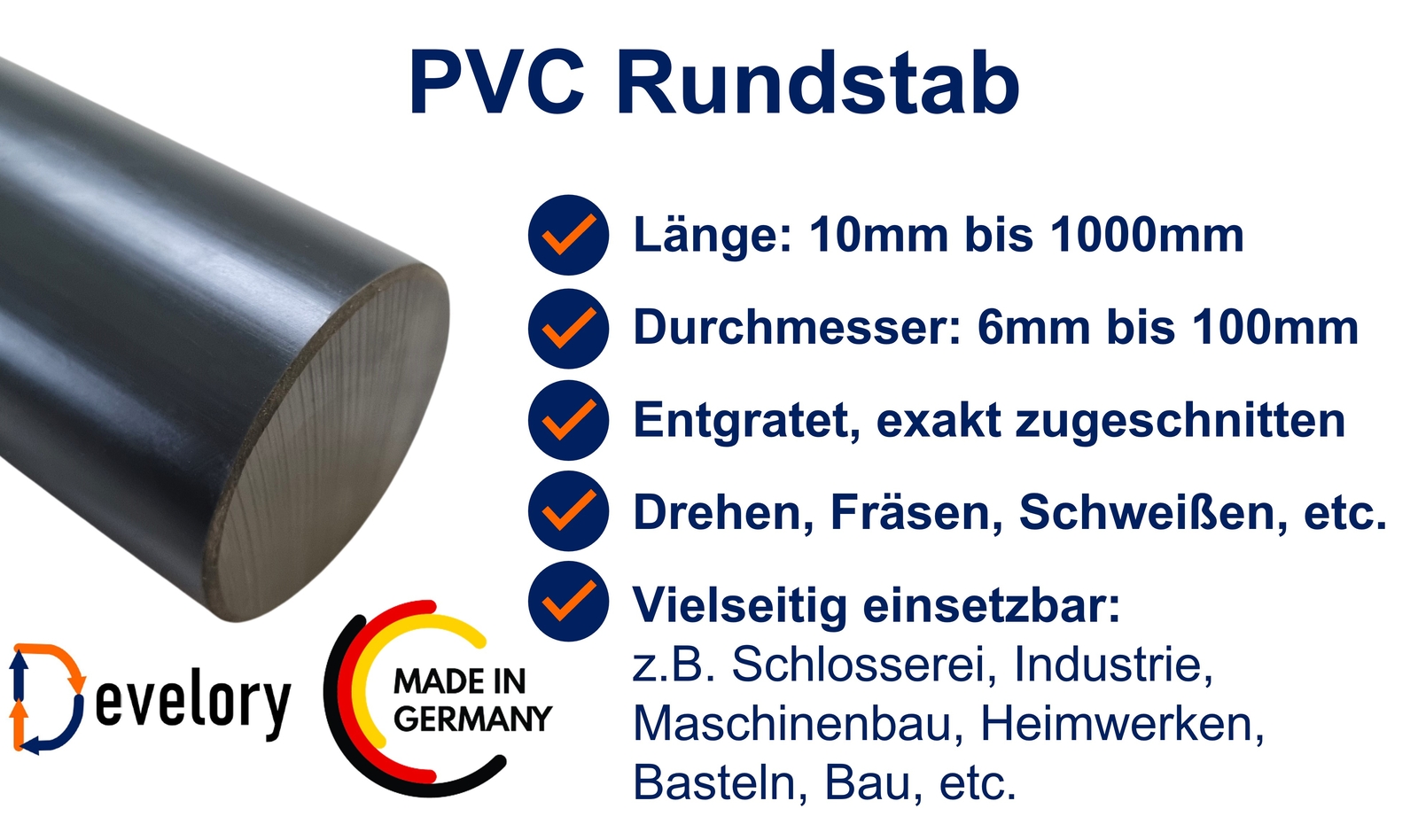 PVC Rundstab 55mm Grau 1 Meter - Kunststoffstab RAL 7011 Von Alt-intech