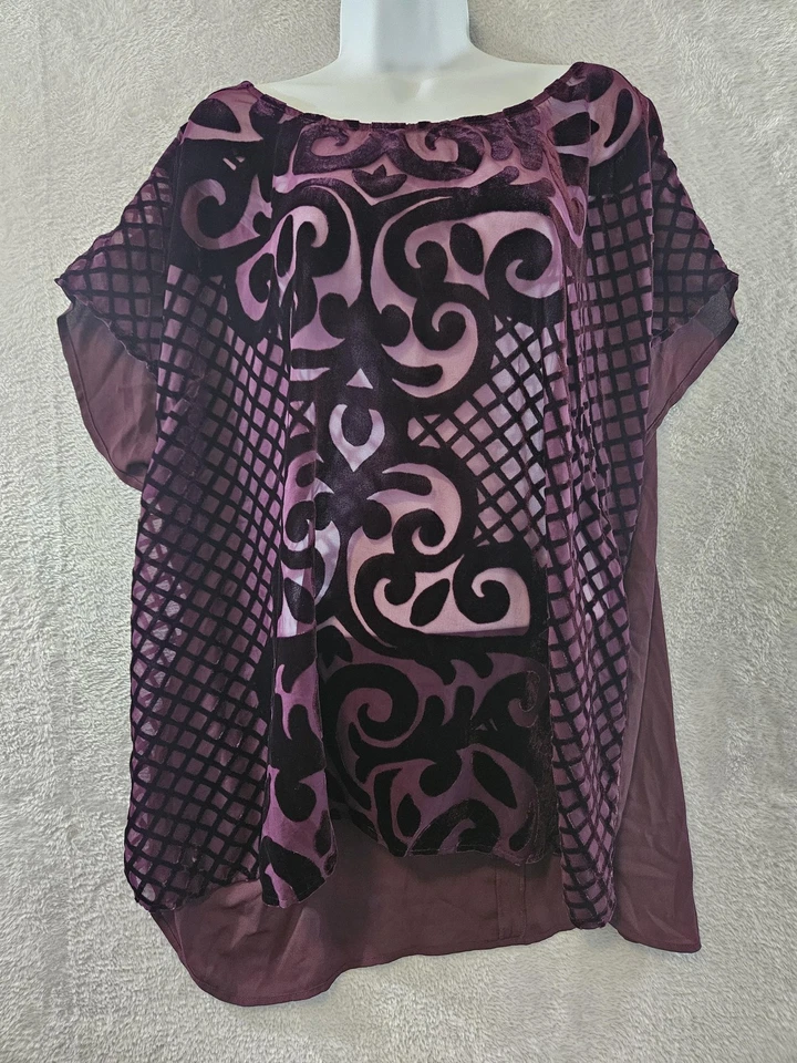 Blusa Lane Bryant Top Mujer 22/24 Púrpura Negra Terciopelo Burnout Túnica Transparente Boho Foto 2 de 4